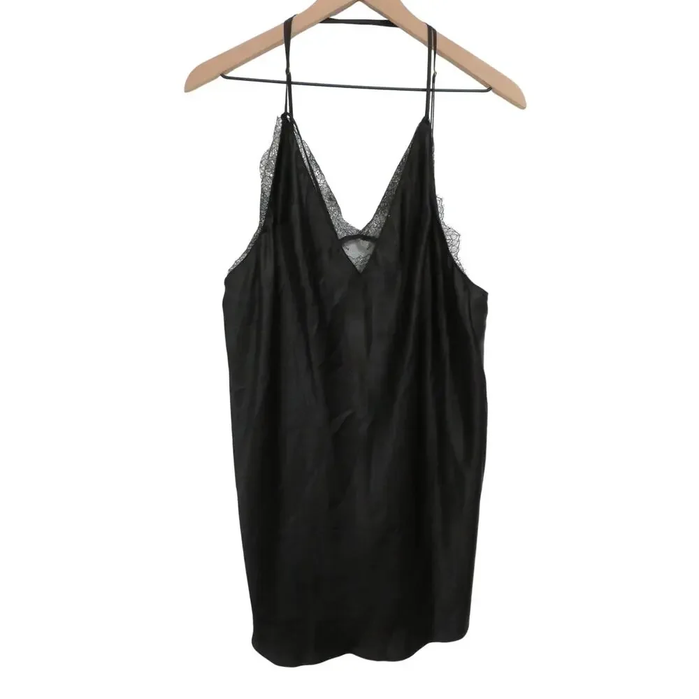 Victoria's Secret Women Sz XL Black Satin Slip Dress Lace Trim Silky Boudoir
